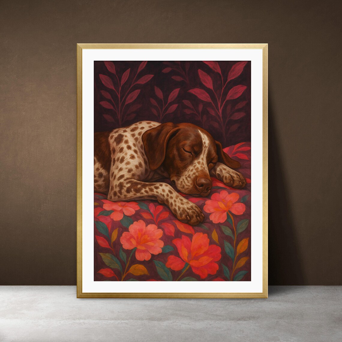 Sleeping German Shorthaired Pointer Print Floral Botanical Dog Art