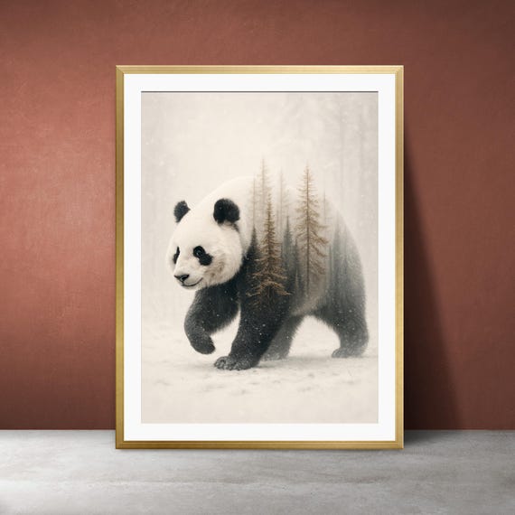 Double Exposure Panda Print Winter Forest Nordic Neutral Art