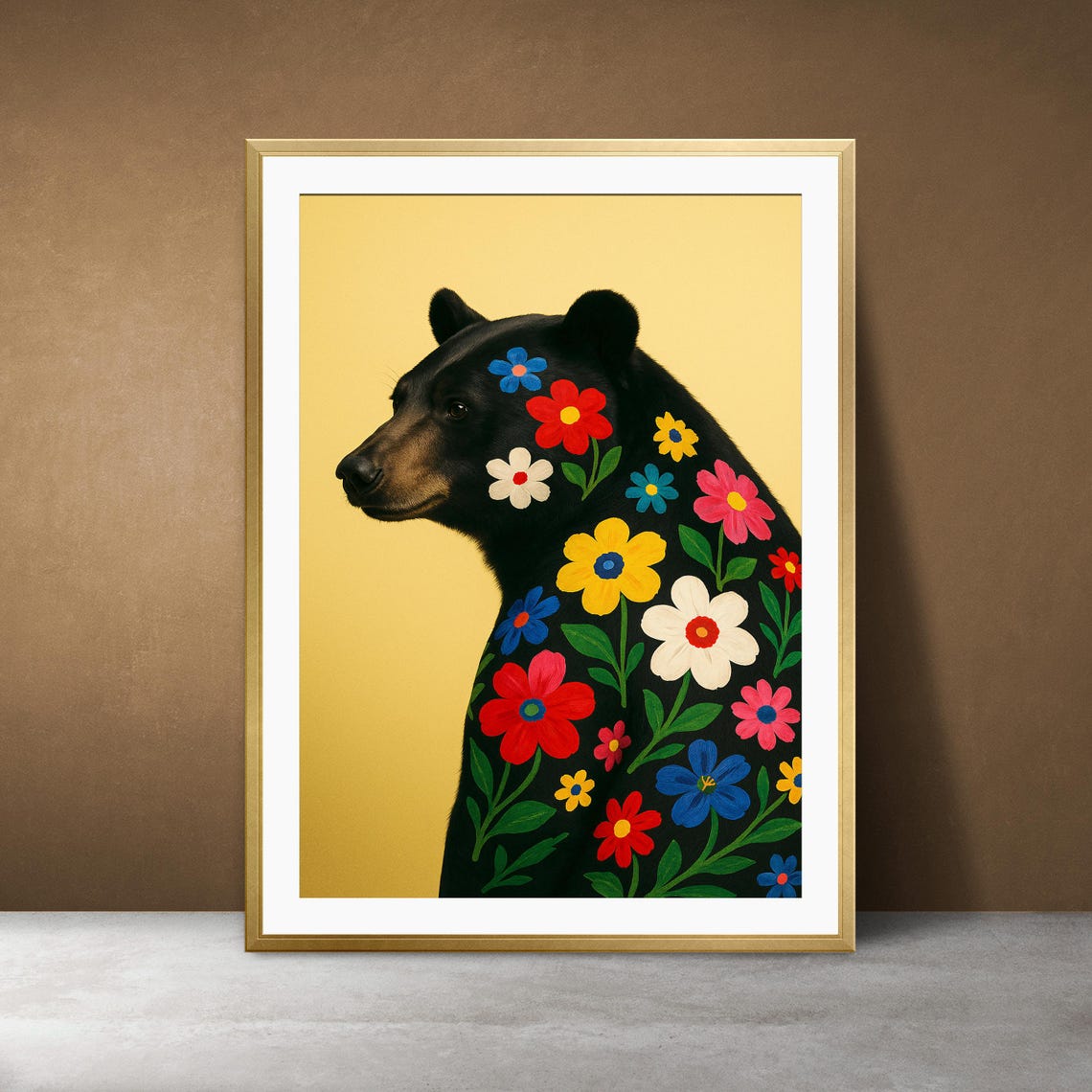 Black Bear with Folk Art Flowers on Mustard Yellow Art Poster