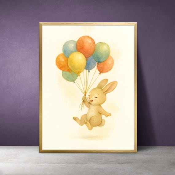 Baby Bunny Balloons Watercolor Print Nursery Kids Room Decor