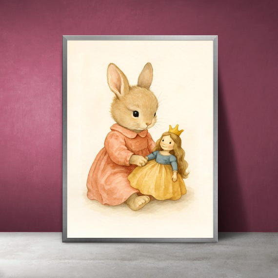 Bunny Princess Nursery Art Watercolor Rabbit Girl Room Decor Instant