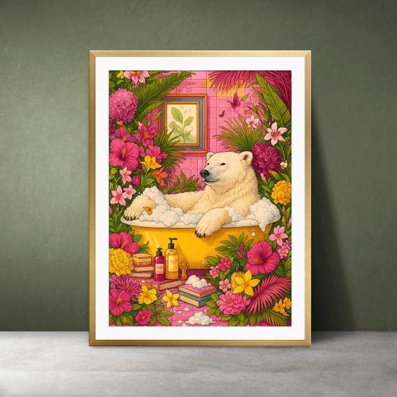 Polar Bear Bath Art Print Whimsical Tropical Bathroom Decor