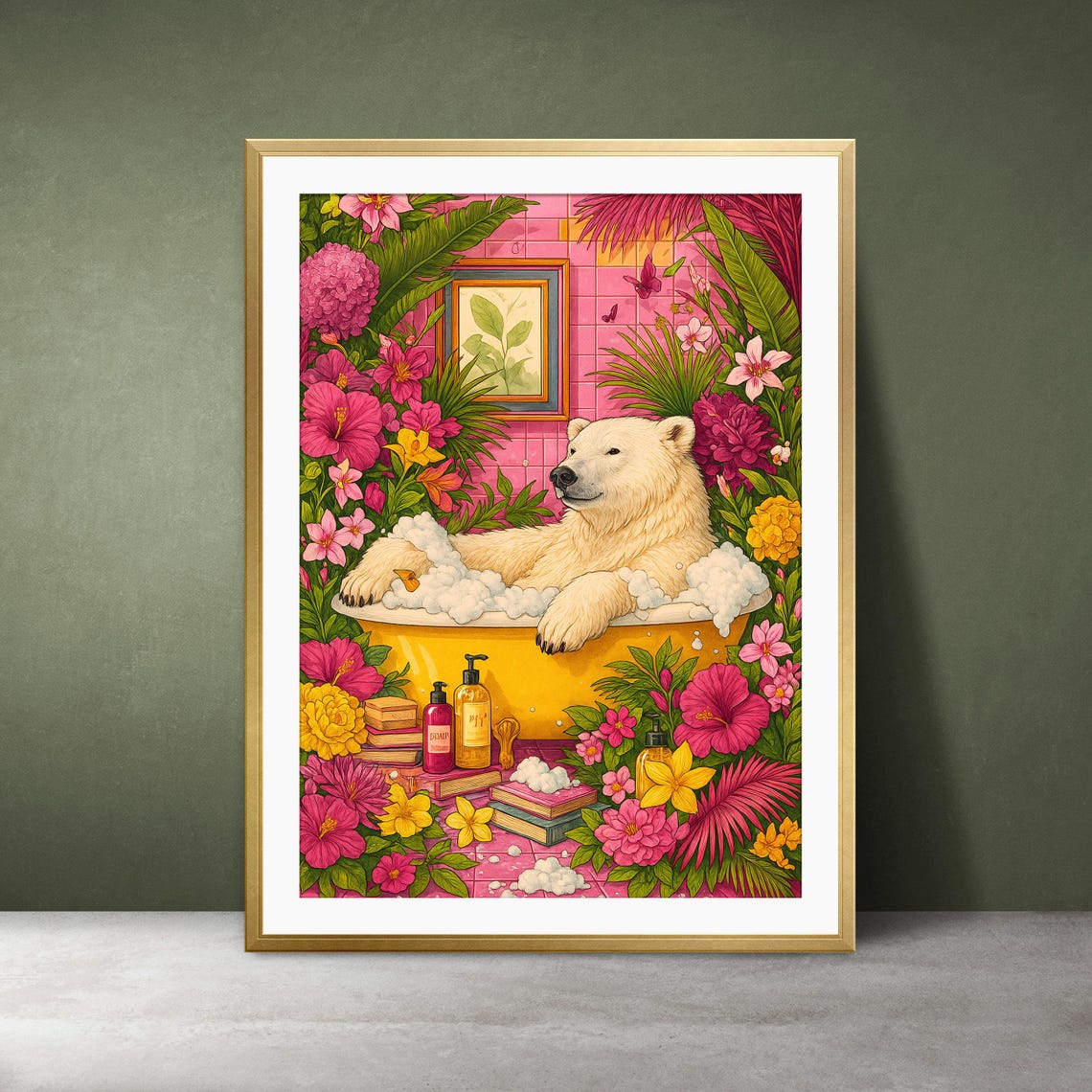 Polar Bear in Bathtub with Tropical Flowers Maximalist Poster