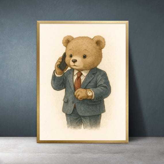 Business Bear Watercolor Print Teddy In Suit