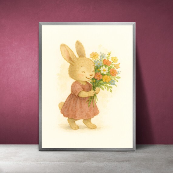 Bunny Holding Wildflower Bouquet in Pink Dress Watercolor Nursery Poster