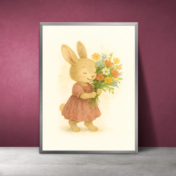 Watercolor Bunny With Flowers Nursery Print Girl Room Decor Instant