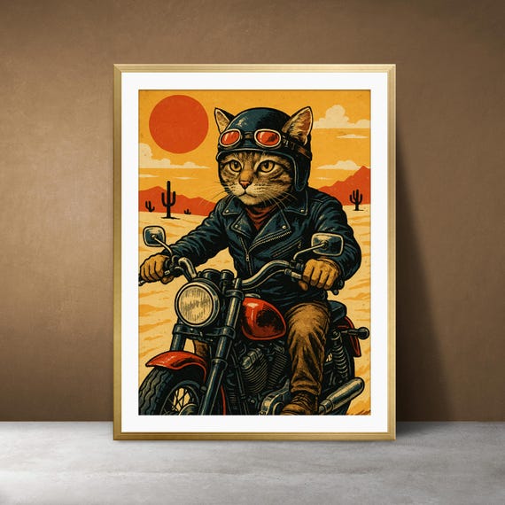 Biker Cat Art Print Vintage Motorcycle Poster Retro Garage Decor