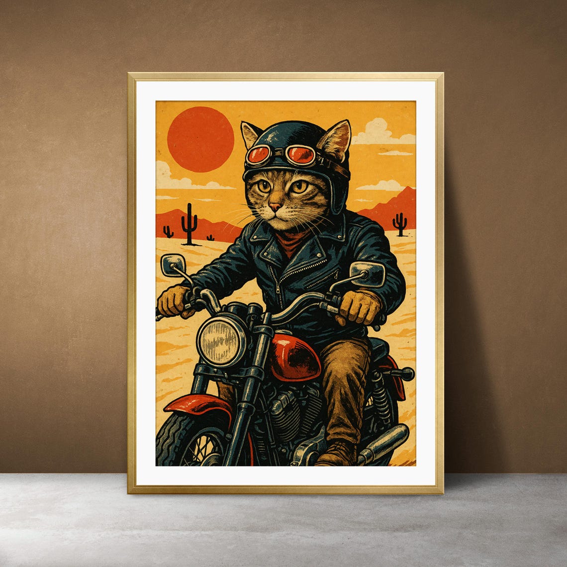 Biker Cat Art Print Vintage Motorcycle Poster Retro Garage Decor