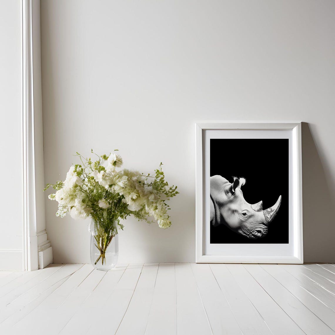 Black and White Rhino Portrait Striking Minimalist Wildlife Poster - Image 4