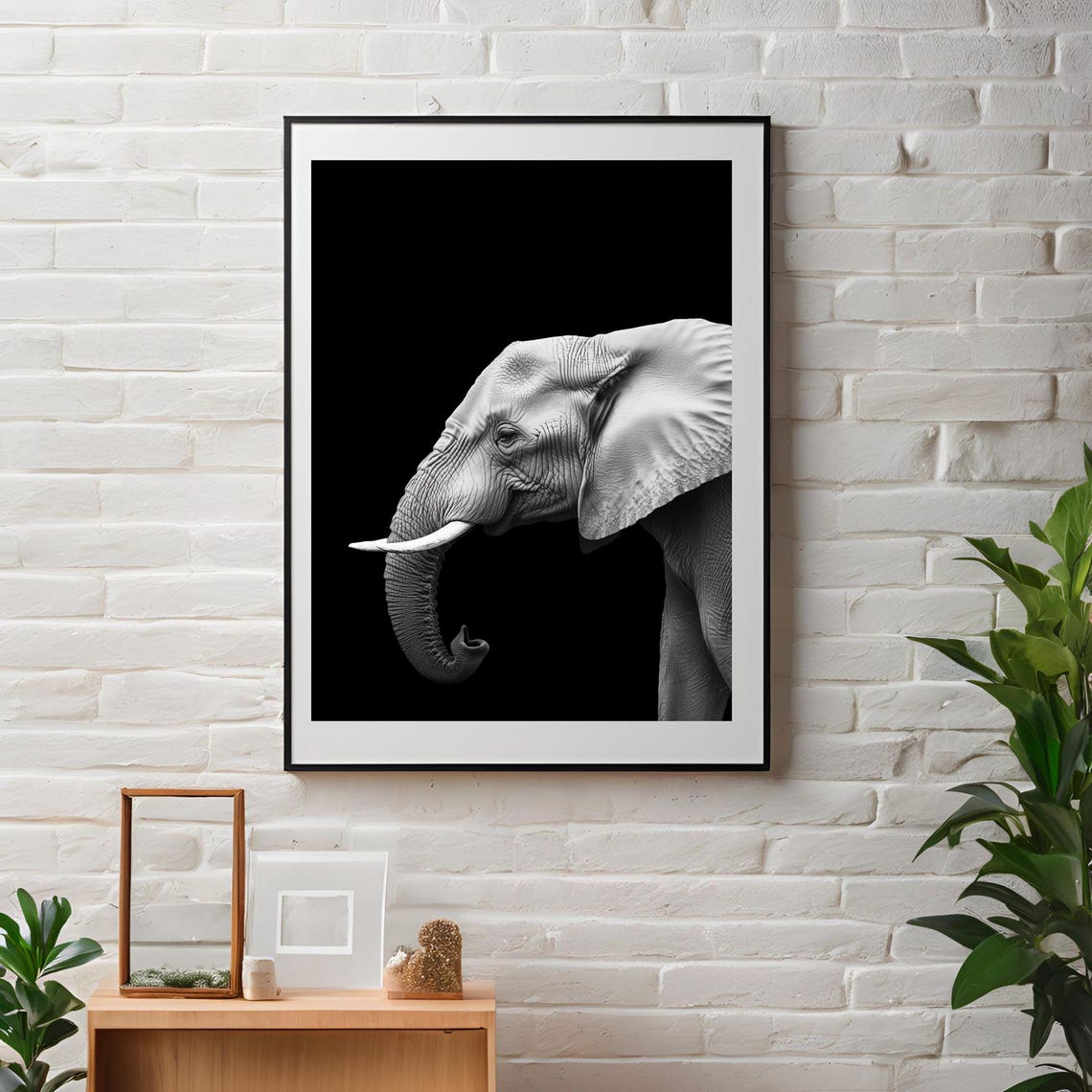 Black and White Elephant Profile Photo Minimalist Wildlife Poster