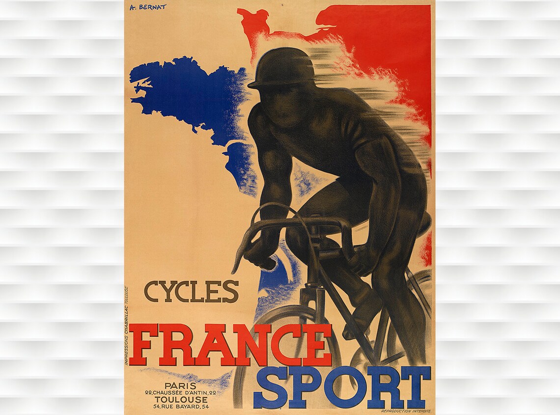 Cycles France Sport Racer Silhouette Map of France Vintage Poster