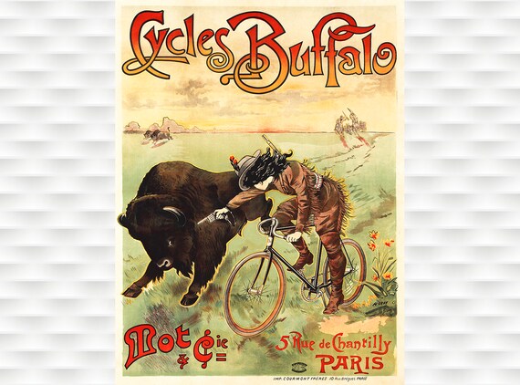 Cycles Buffalo Cowboy Chasing Buffalo Vintage Bicycle Poster