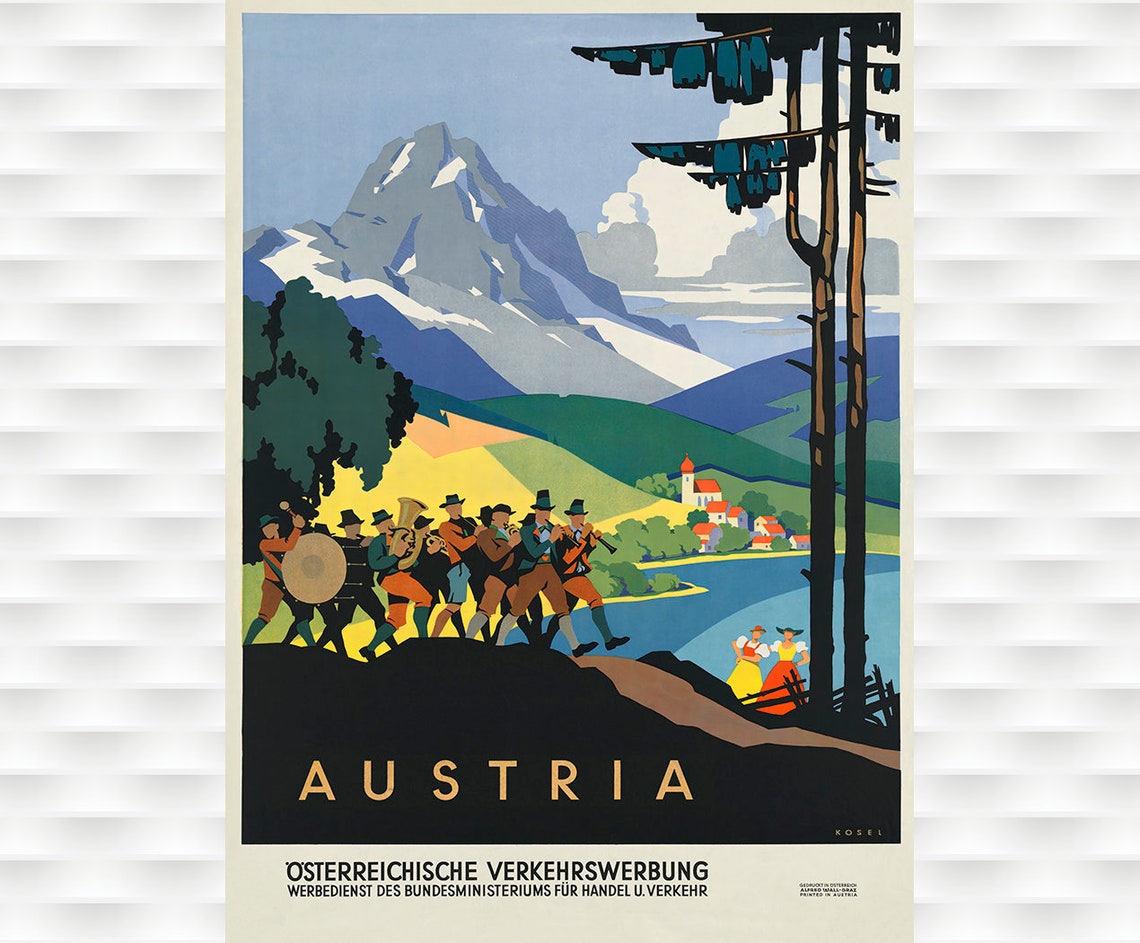 Austria Alpine Lake Marching Band Folk Costume Vintage Travel Poster