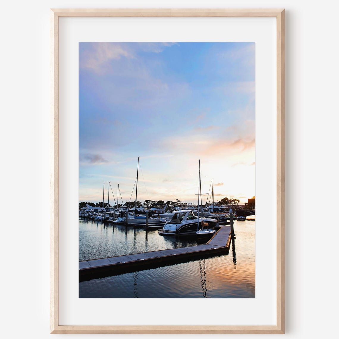 Marina Sunset Sailboats Docked Calm Water Photography Poster