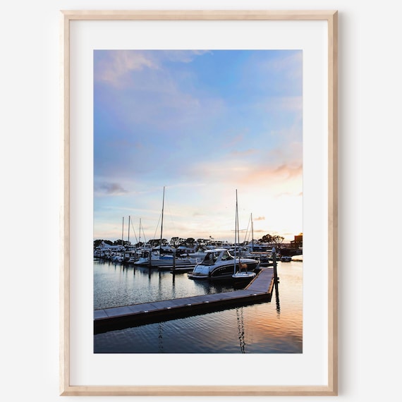 Marina Sunset Sailboats Docked Calm Water Photography Poster