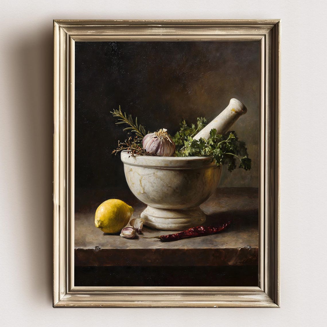 Vintage Italian Kitchen Mortar Herbs Lemon Still Life Poster