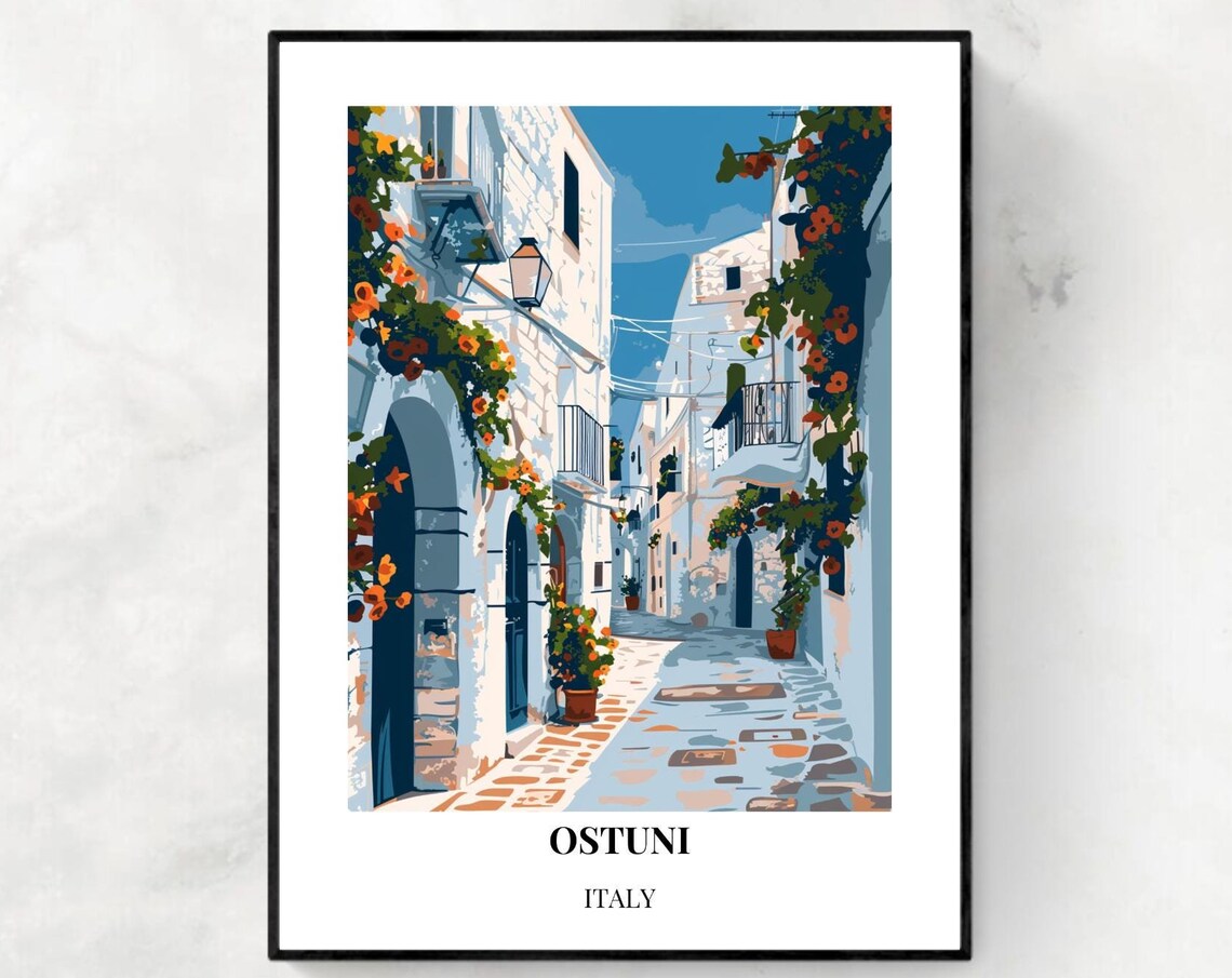 Ostuni Italy White Town Flower Covered Old Alley Travel Poster