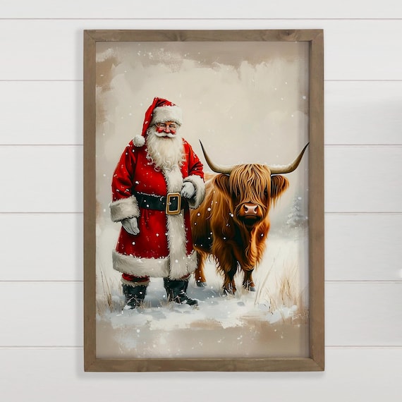 Santa Claus With Highland Cow Snowy Christmas Scene Wall Art