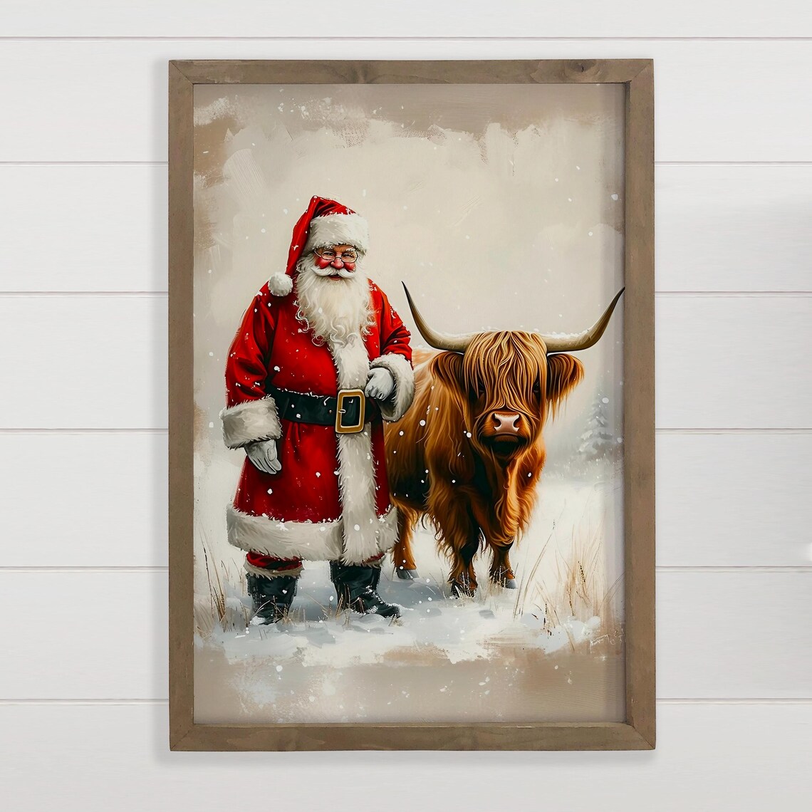 Santa Claus With Highland Cow Snowy Christmas Scene Wall Art
