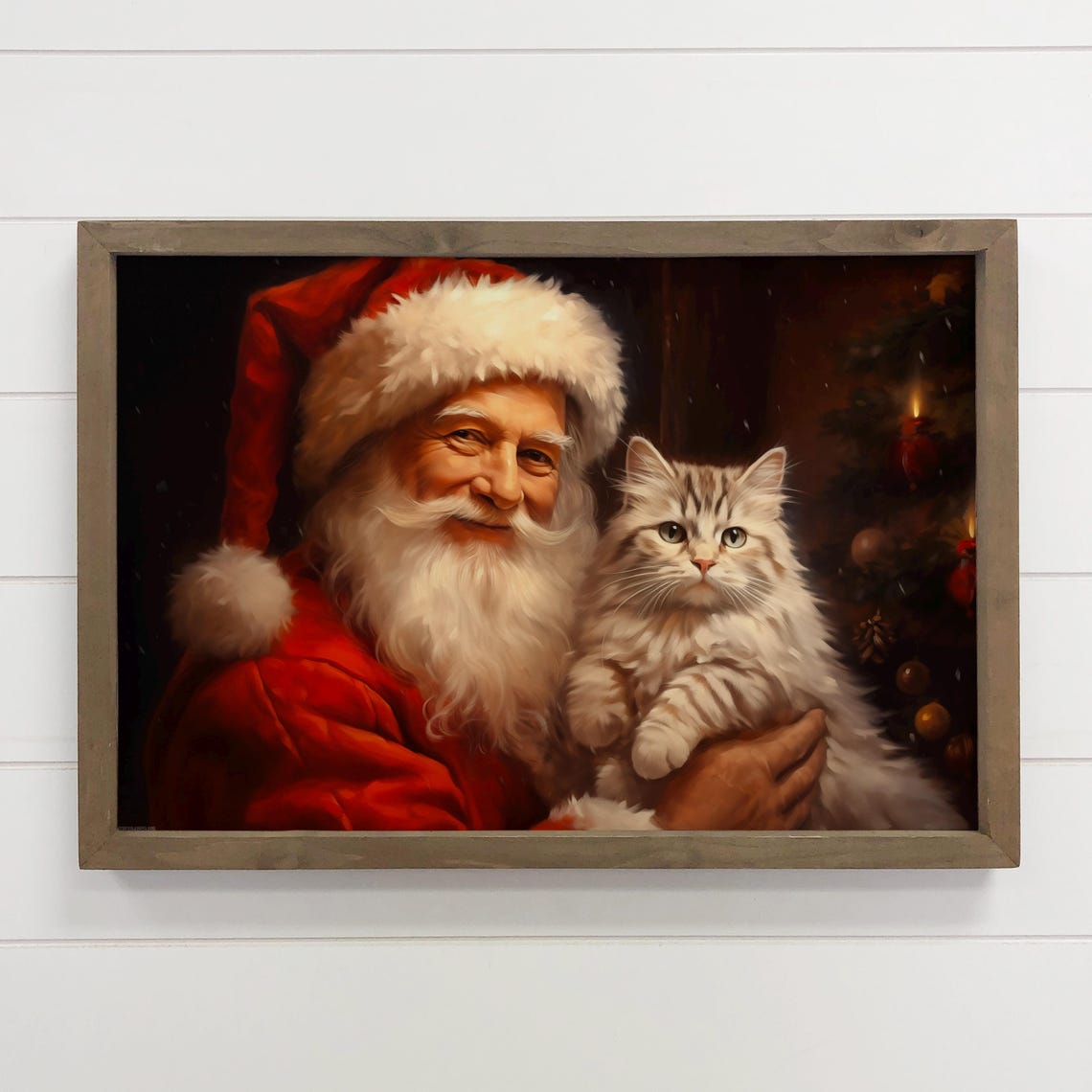 Santa Claus Holding a Fluffy White Cat Christmas Canvas Print