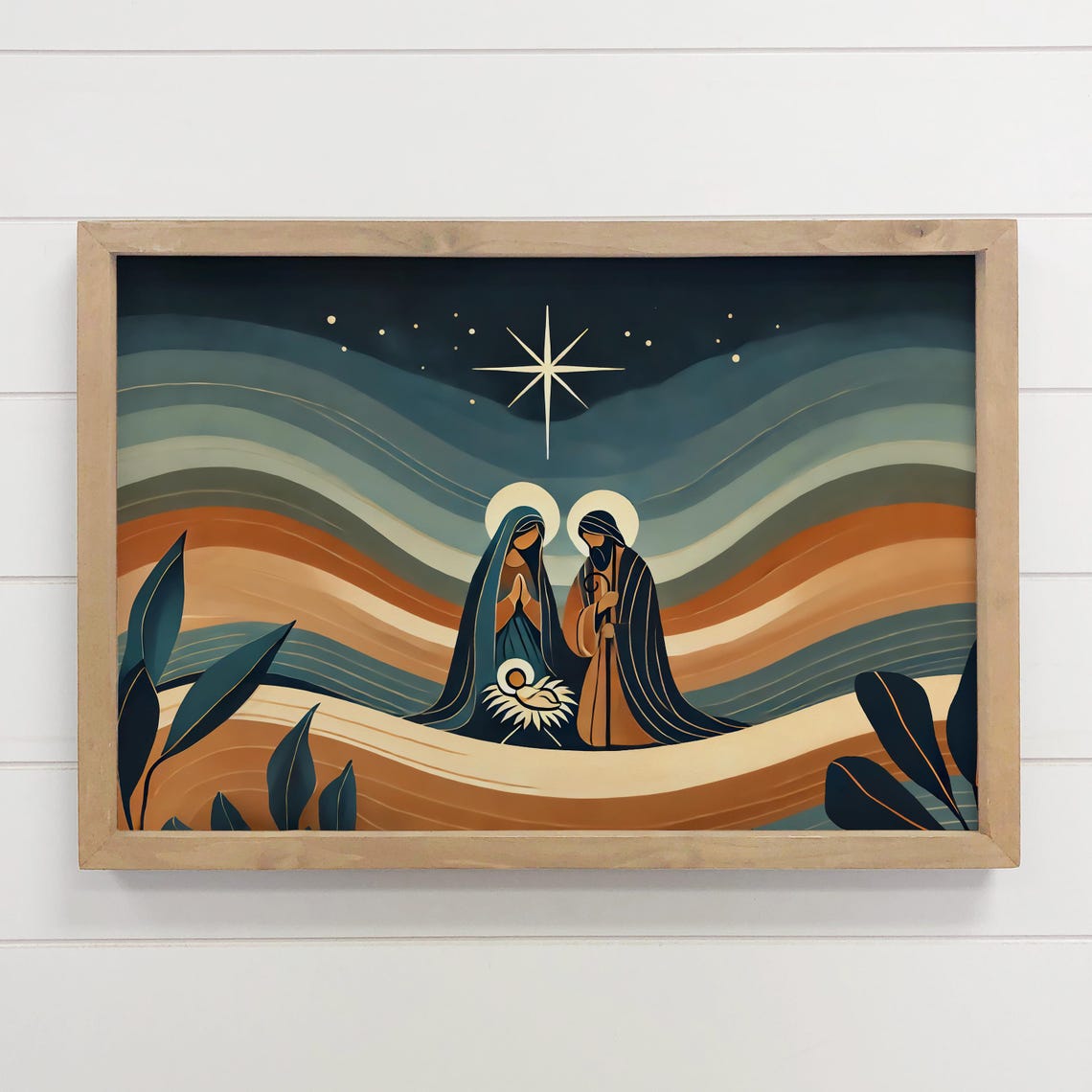 Modern Nativity Scene Holy Family Under Star Christmas Wall Art