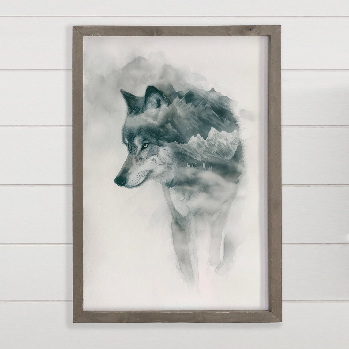Wolf Framed Canvas Poster Gray Mountain Art Wood Wall