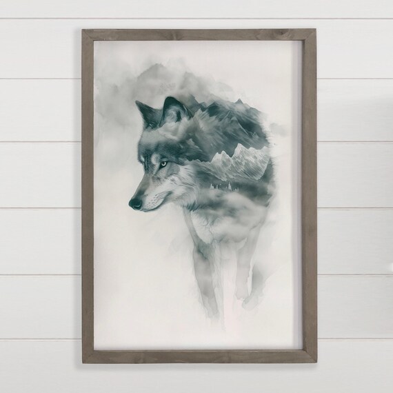 Wolf Framed Canvas Poster Gray Mountain Art Wood Wall