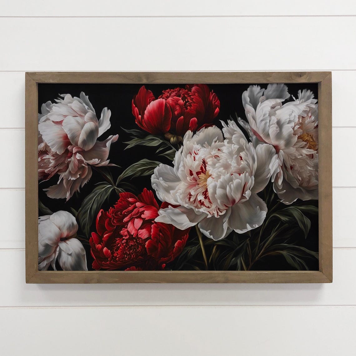 White Red Peonies Dark Floral Still Life Dramatic Moody Art Poster