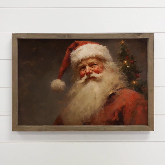 Santa Claus Portrait In Red Vintage Christmas Painting Wall Art