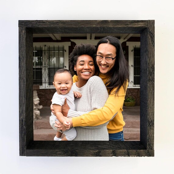Loving New Family Couple Baby Photo Dark Wood Framed Canvas Poster