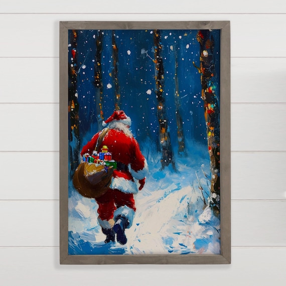 Santa Claus Walking Through Snowy Night Forest Gifts Wall Art