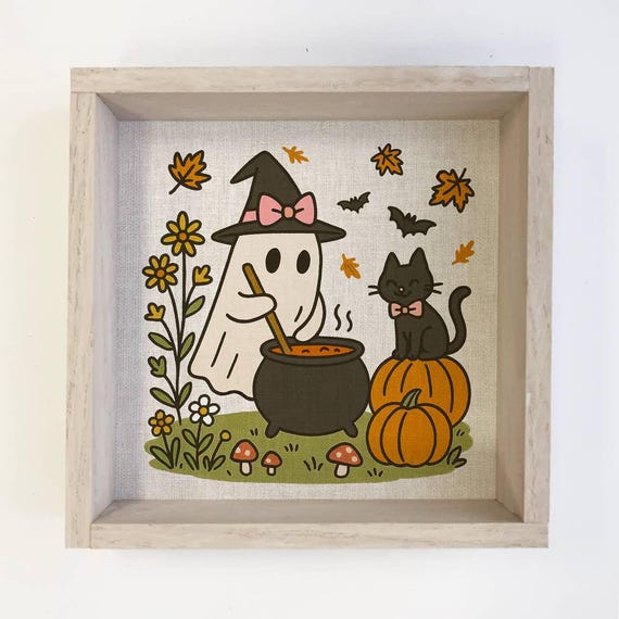 Cozy Witch And Cauldron Cute Halloween Canvas Art