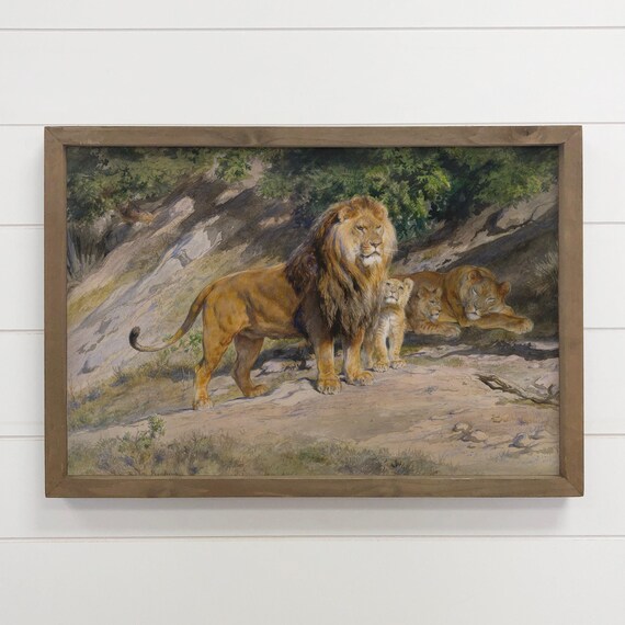 Framed Lion Print Vintage Painting King Of The Lions Canvas Wall Art Wood Decor