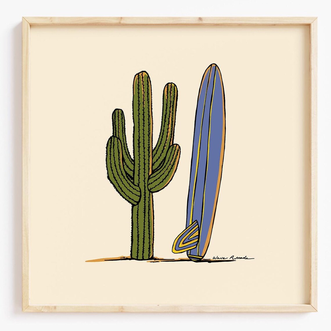 Saguaro Cactus and Blue Surfboard Desert Surf Minimalist Art Poster