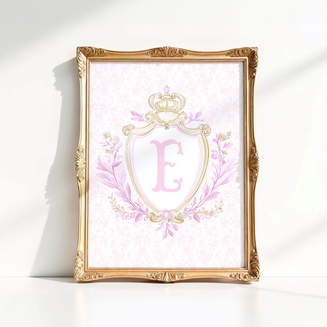 Initial E Pink Crest Coquette Floral Monogram Nursery Poster - Image 3