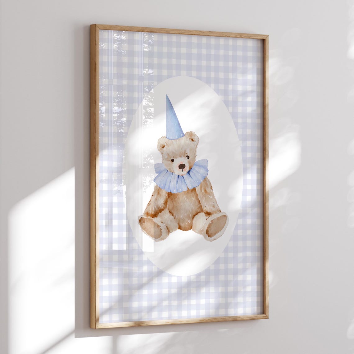 Sweet Blue Birthday Bear Party Hat Gingham Nursery Art Print - Image 4