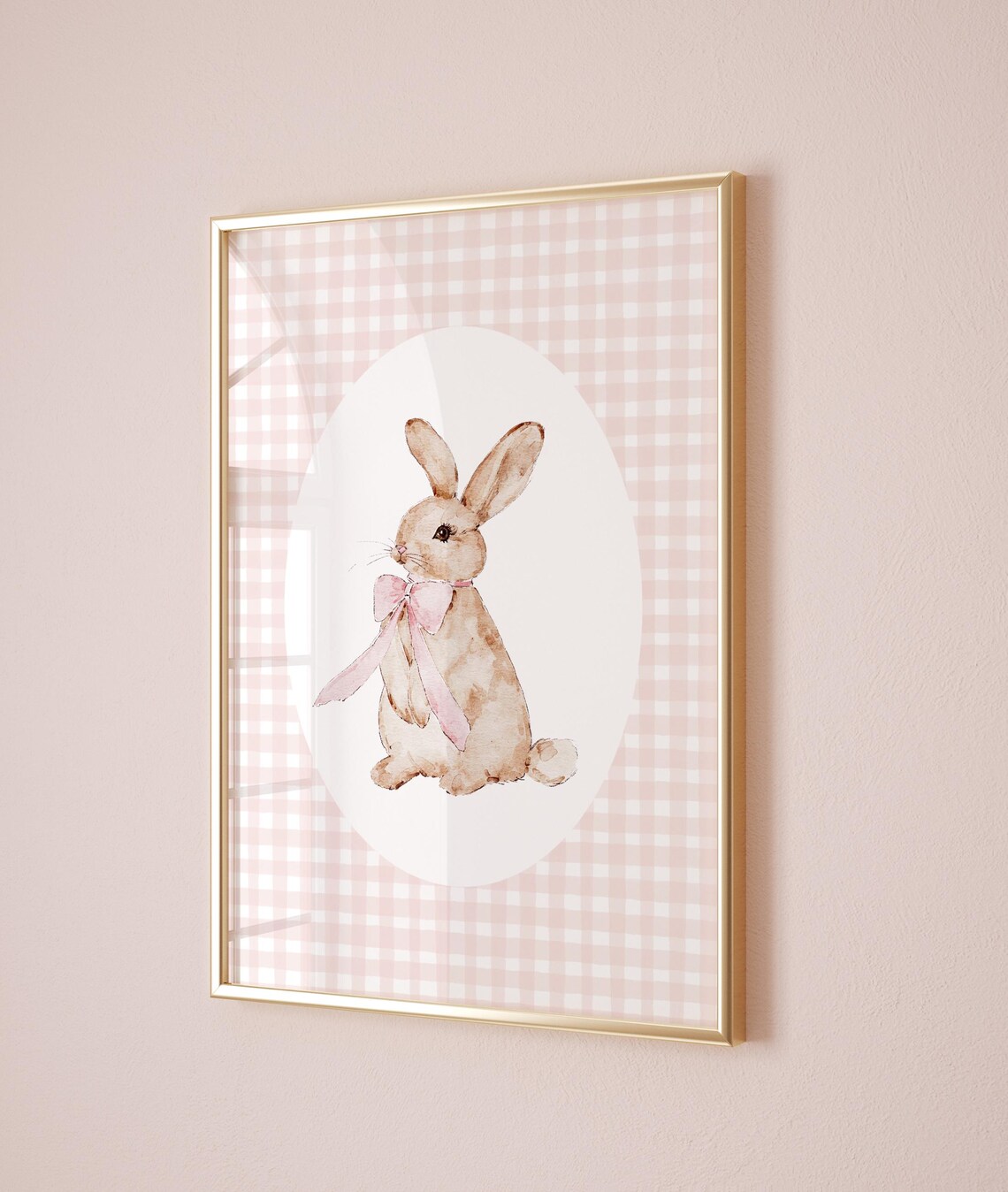 Sweet Soft Watercolor Bunny Pink Ribbon Gingham Nursery Art Print - Image 4