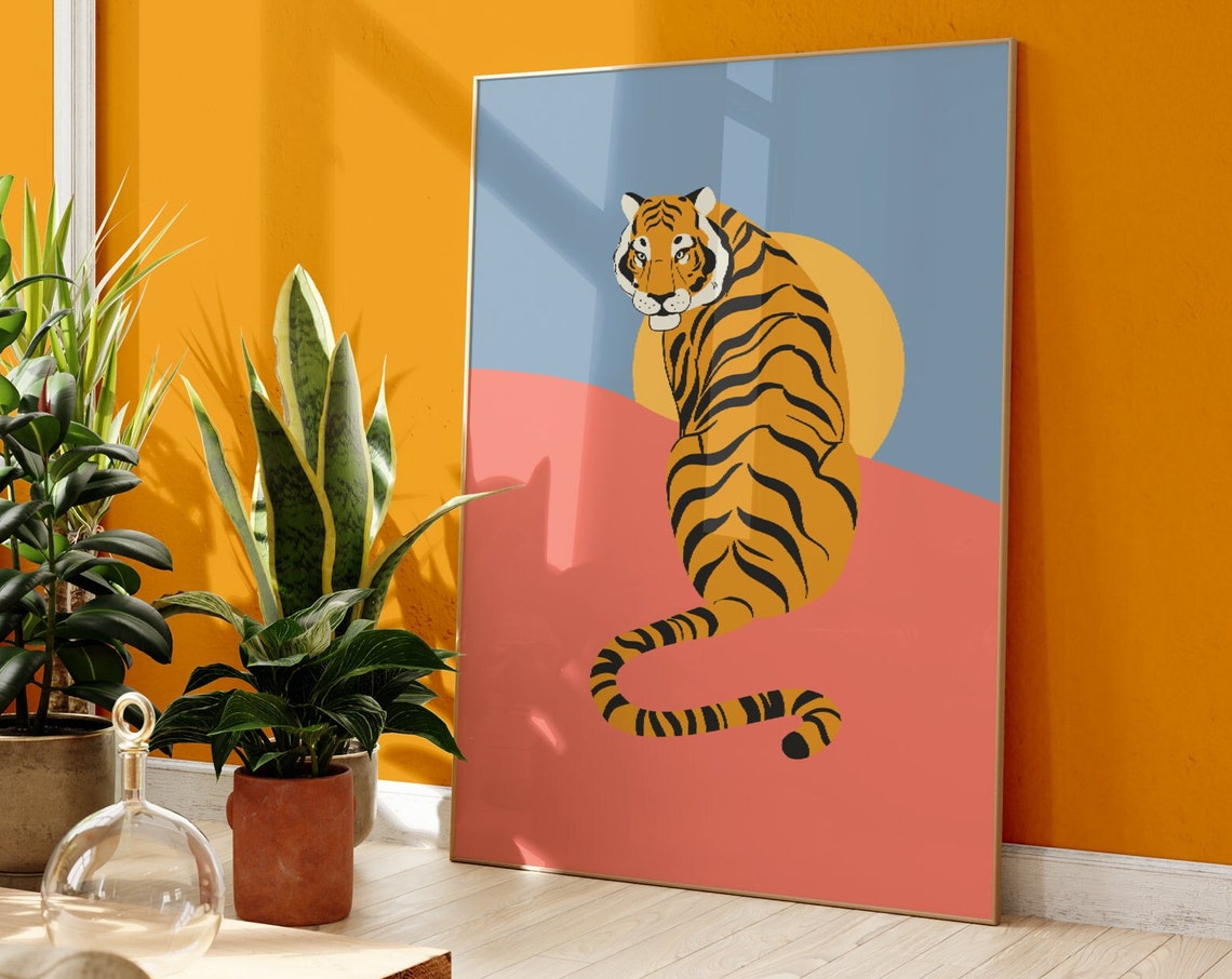 Colorful Tiger Illustration Retro Sunset Jungle Big Cat Poster