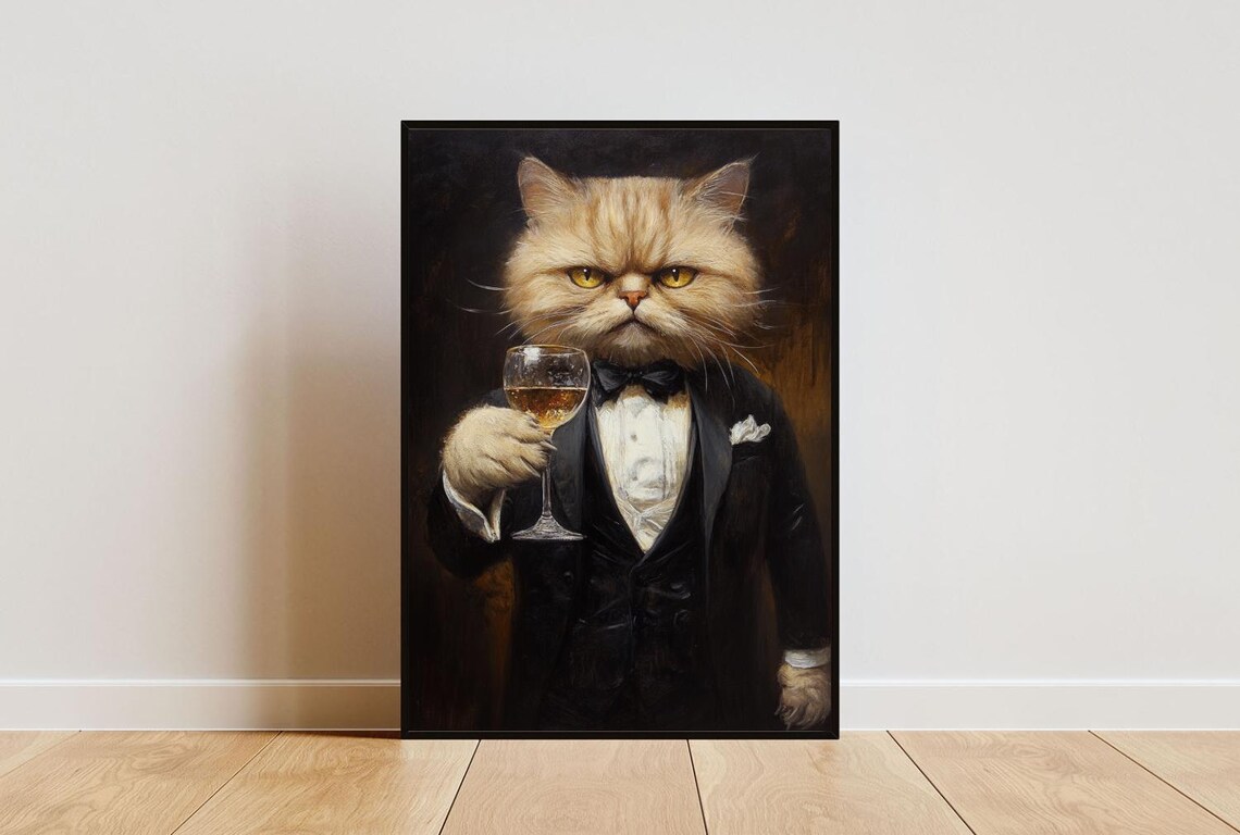 Persian Cat In Tuxedo Holding White Wine With Bow Tie Portrait Poster