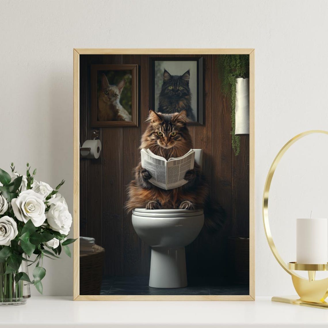 Norwegian Forest Cat On Toilet Reading Newspaper Funny Bathroom Poster - Image 3