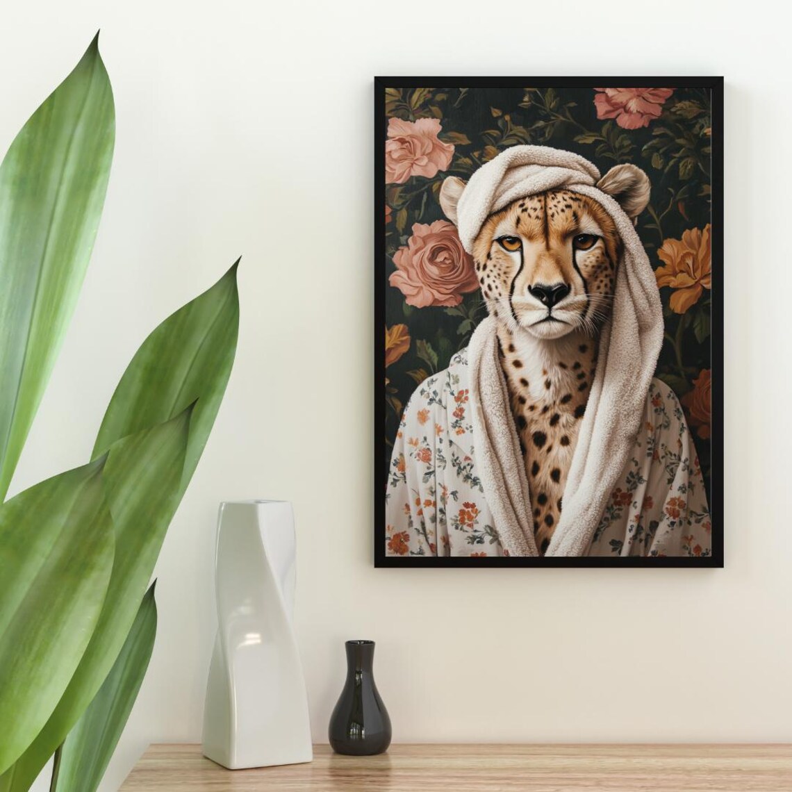 Cheetah In Floral Bathrobe With Towel Turban Funny Animal Poster - Image 2