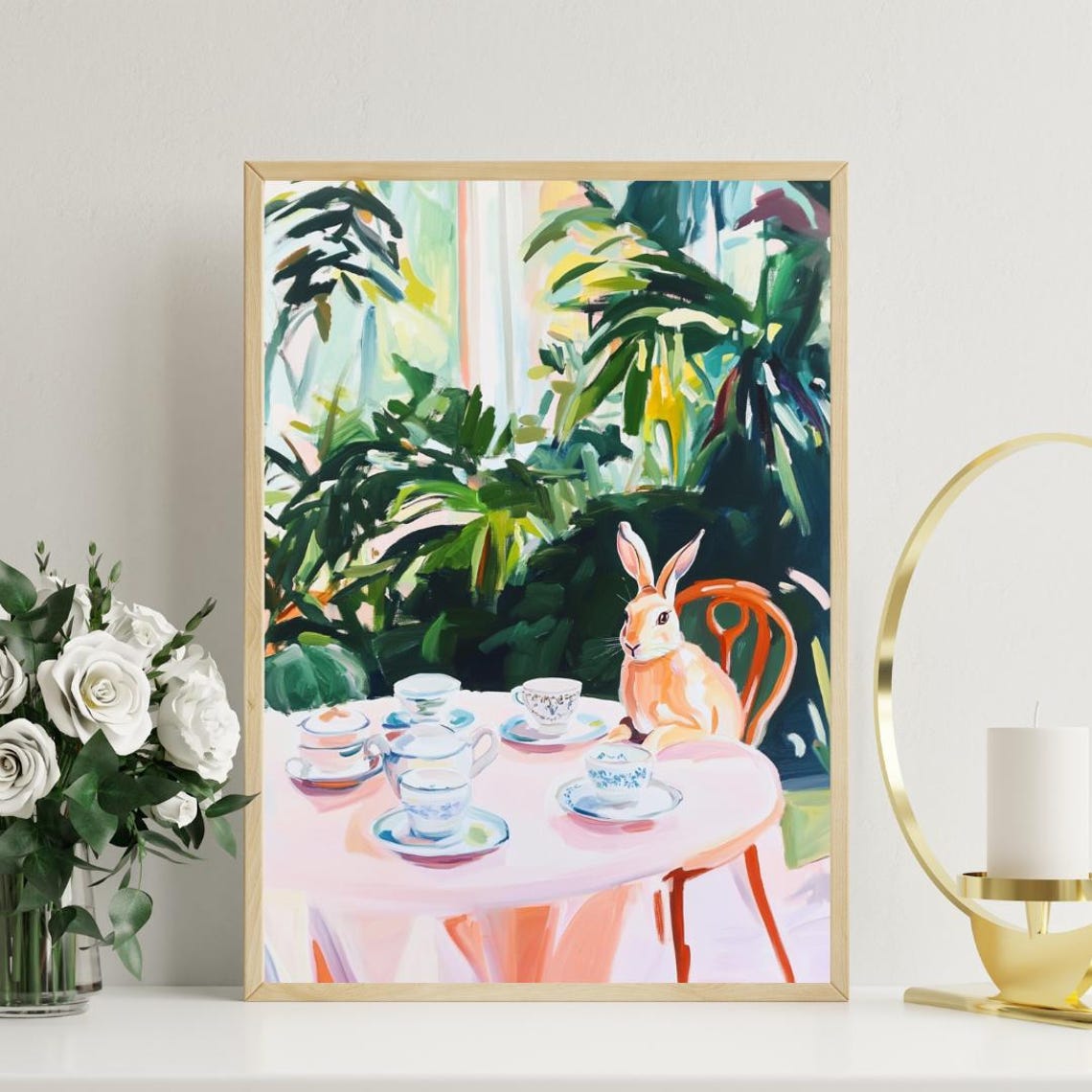 Hare at Tea Table Whimsical Woodland Animal Painting Portrait Poster - Image 3