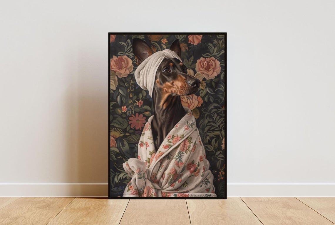 Doberman Pinscher in Bathrobe Floral Wallpaper Bathroom Art Poster