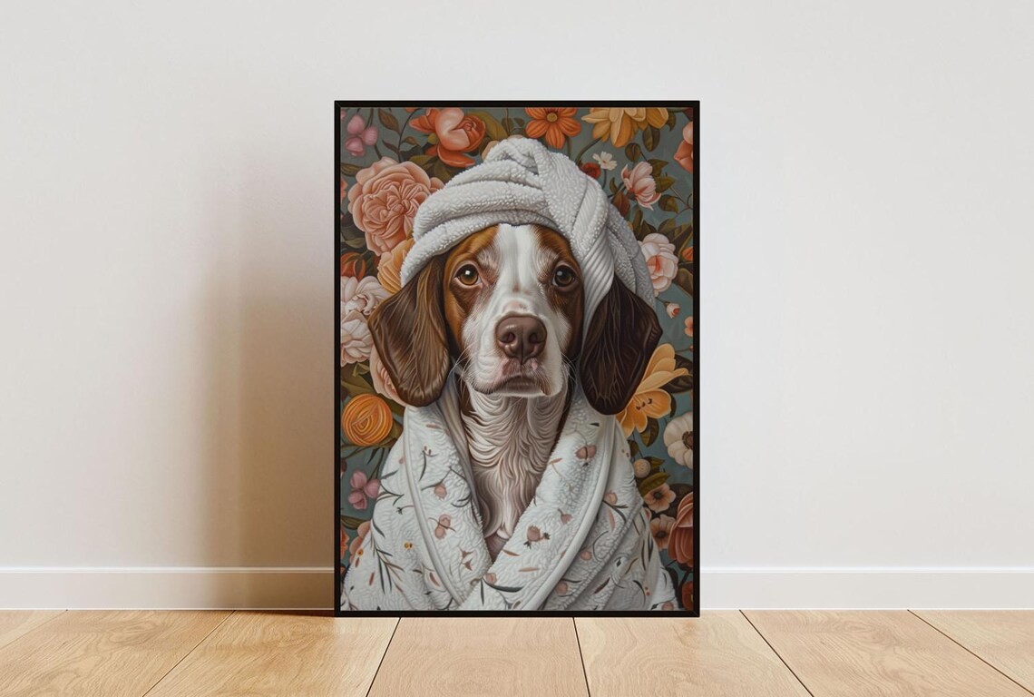 Adorable Brittany Spaniel Dog in Bathrobe Fun Bathroom Spa Day Poster