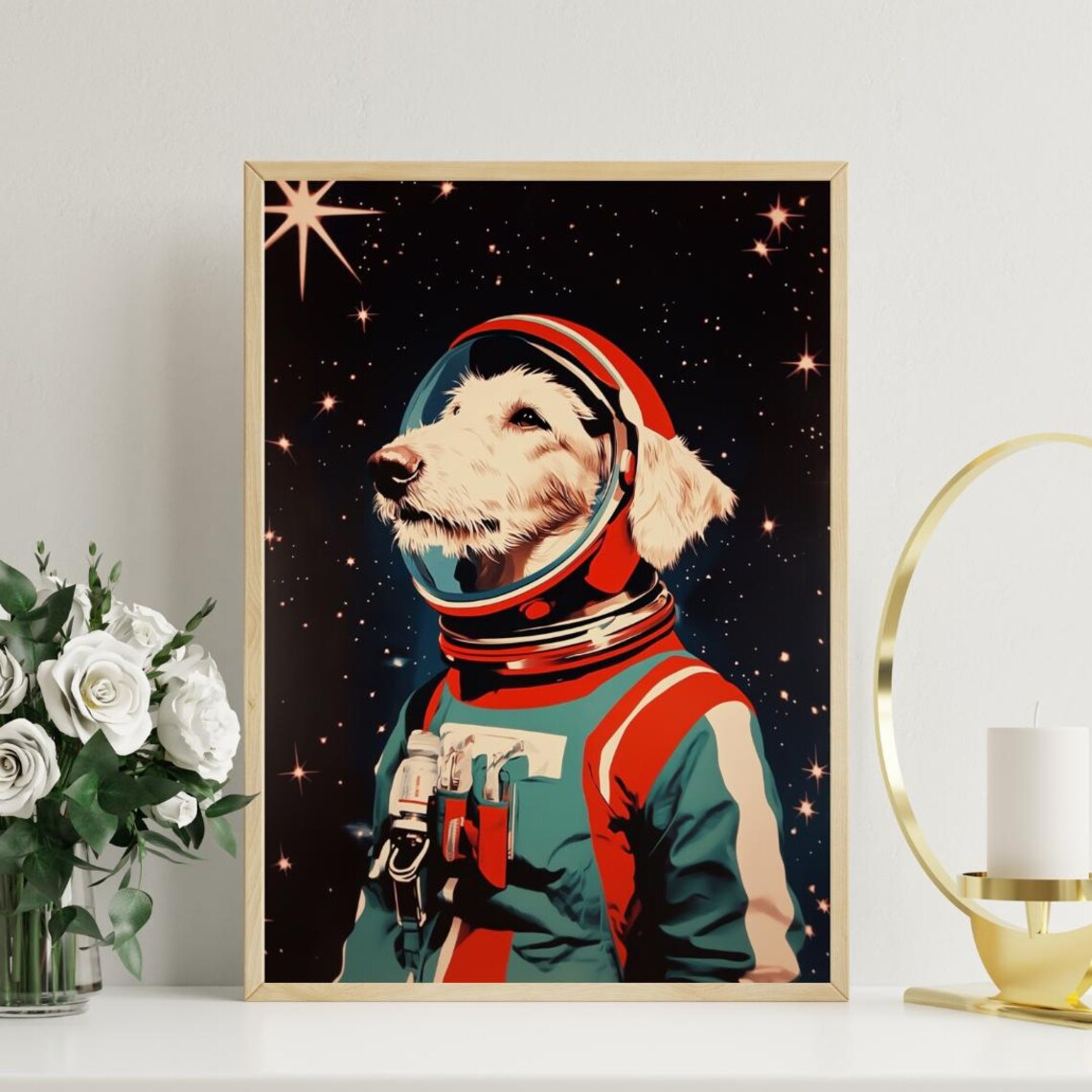 Golden Retriever Astronaut Retro Space Helmet Stars Canine Portrait Poster - Image 3