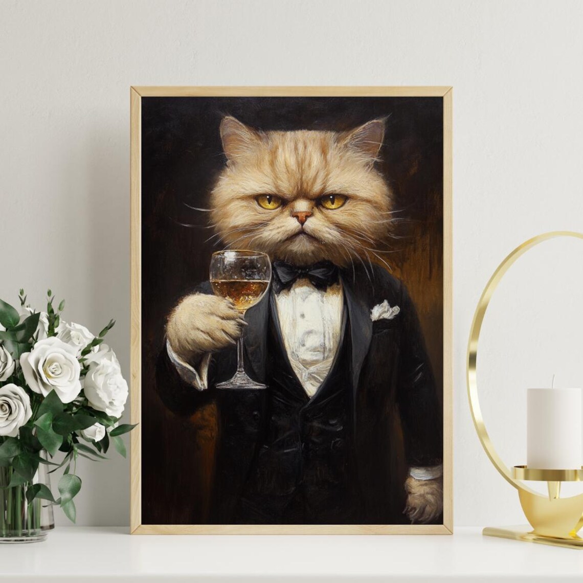 Persian Cat In Tuxedo Holding White Wine With Bow Tie Portrait Poster - Image 3