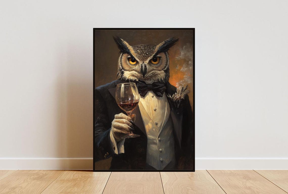 Owl In Tuxedo Poster Animal Poster Owl In Suit Print Owl Portrait Animal Living Room Poster Funny Owl Print Owl Poster Animal Print