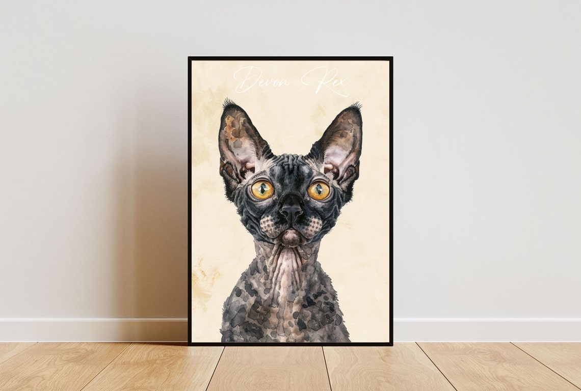 Devon Rex Cat Watercolor Portrait Poster with Soft Cream Art