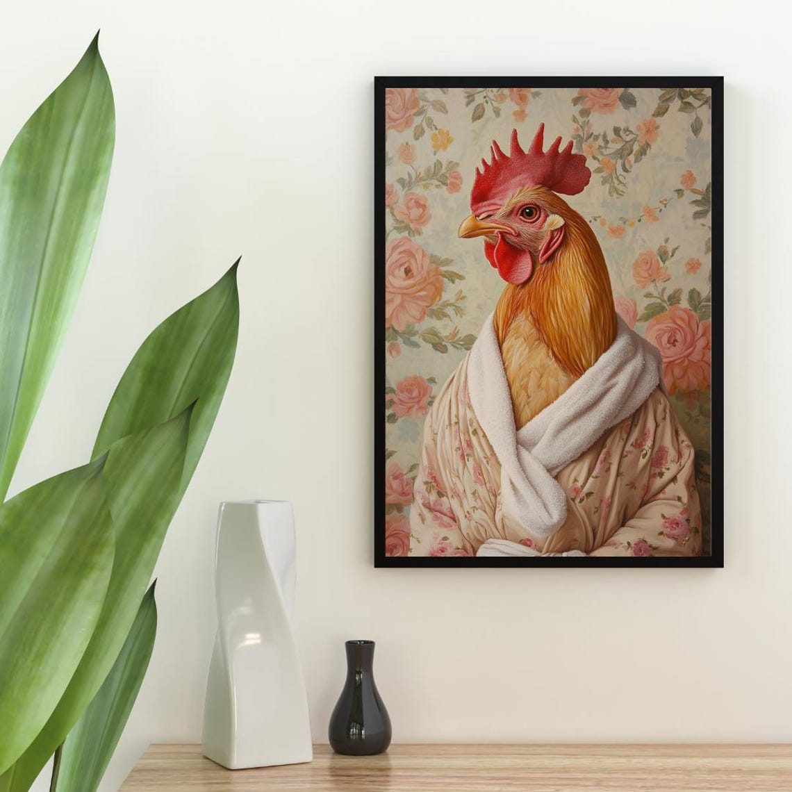Chicken In Bathrobe Floral Wallpaper Funny Farmhouse Art Poster - Image 2