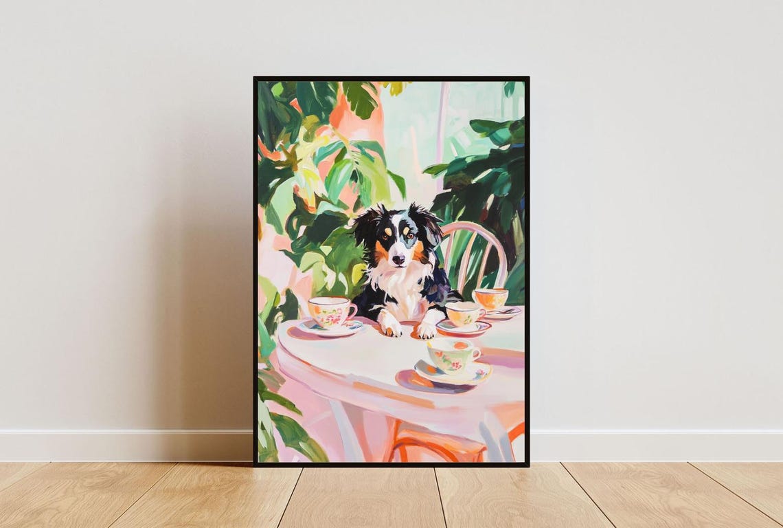 Australian Shepherd Dog Garden Tea Party Pastel Painting Poster